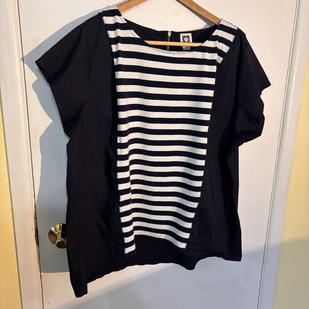 Anne Klein Womens Blouse 3XL Cap Sleeve Round Neck Blue/Stripes High-low - Picture 2 of 9